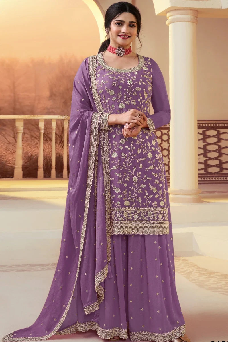 Lavendar Chinon Heavy Embroidered Palazzo Suit