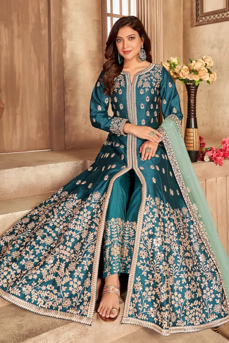 Teal Green Art Silk Slit Style Embroidered Anarkali Suit
