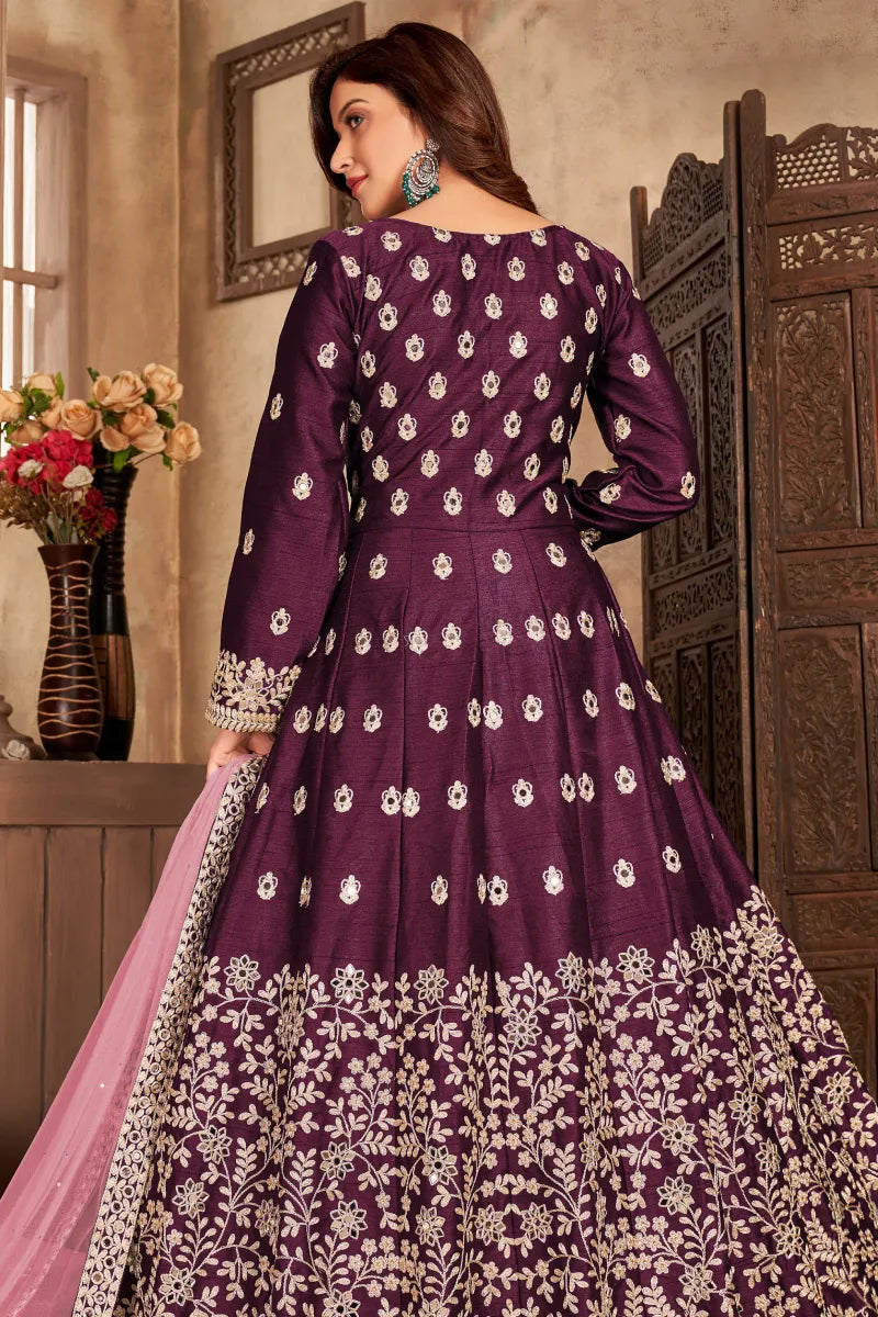 Wine Art Silk Slit Style Embroidered Anarkali Suit