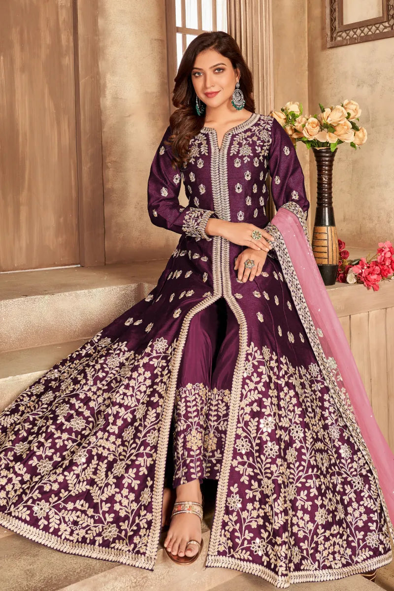 Wine Art Silk Slit Style Embroidered Anarkali Suit