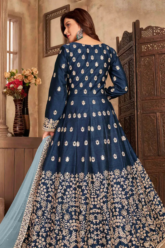 Teal Blue Art Silk Slit Style Embroidered Anarkali Suit