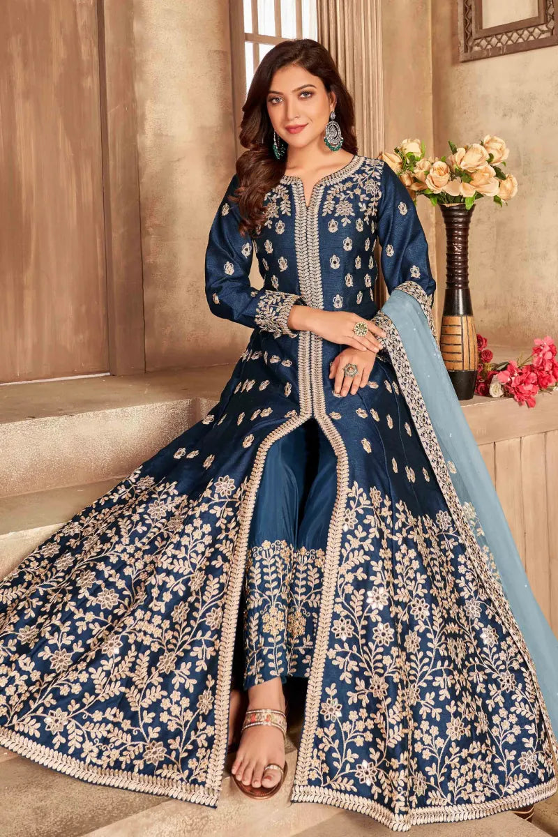 Teal Blue Art Silk Slit Style Embroidered Anarkali Suit