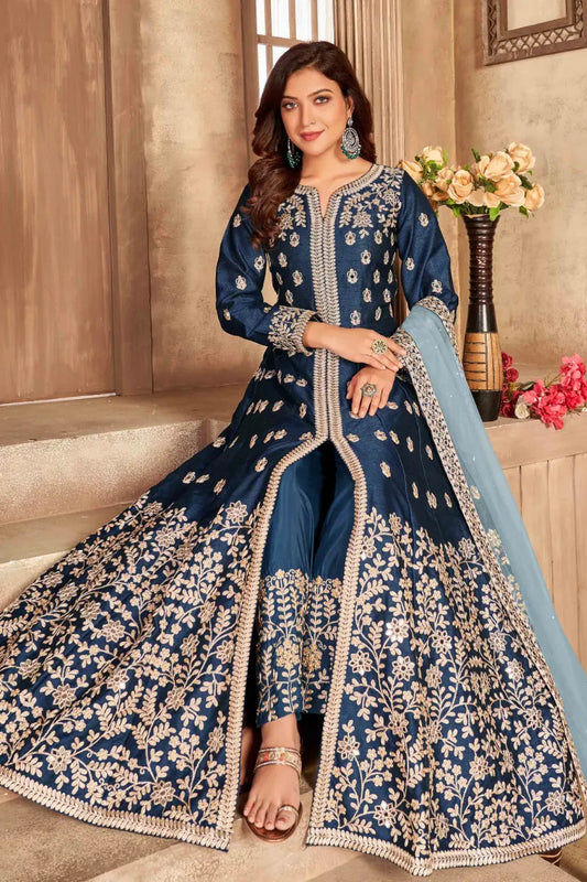 Teal Blue Art Silk Slit Style Embroidered Anarkali Suit