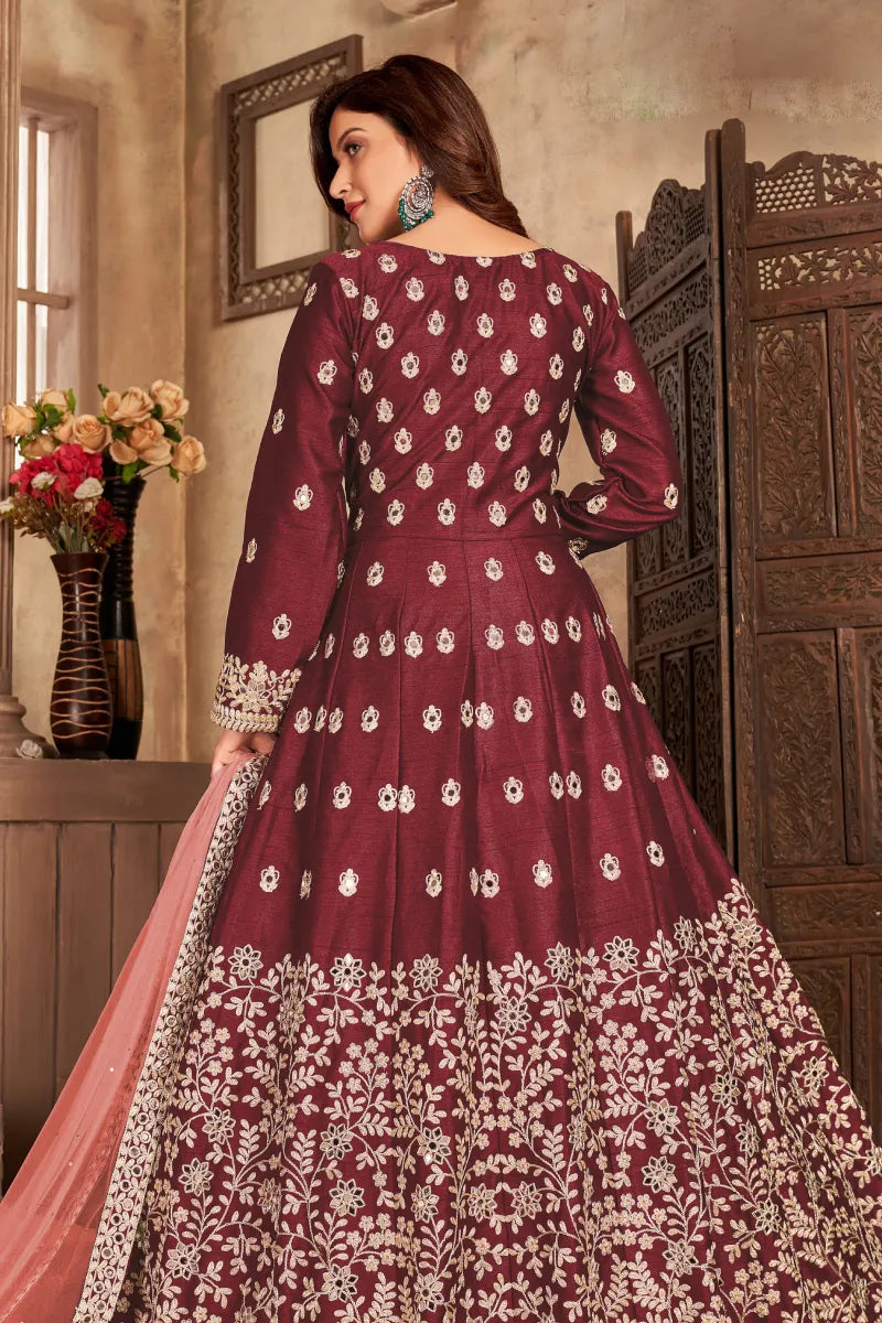 Maroon Art Silk Slit Style Embroidered Anarkali Suit