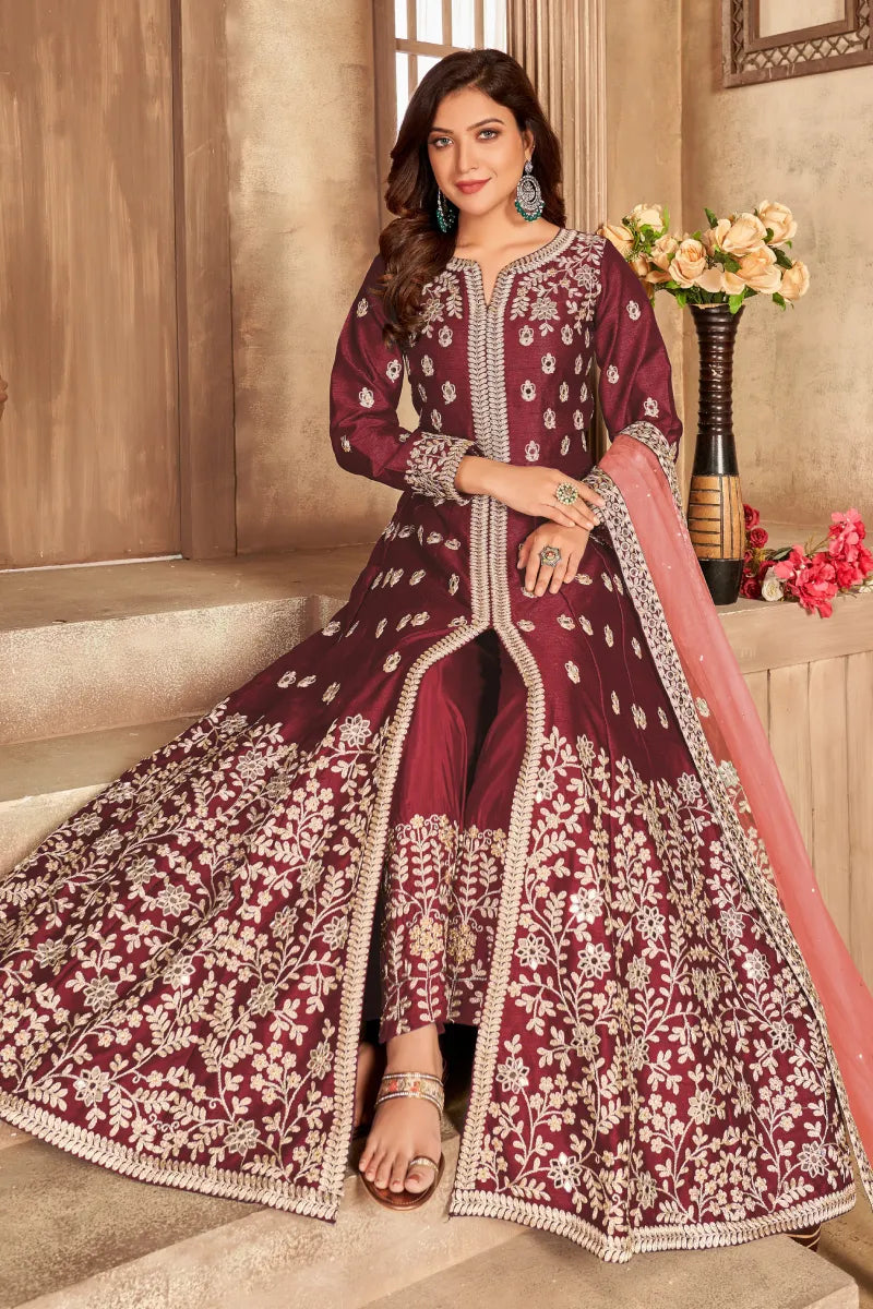 Maroon Art Silk Slit Style Embroidered Anarkali Suit