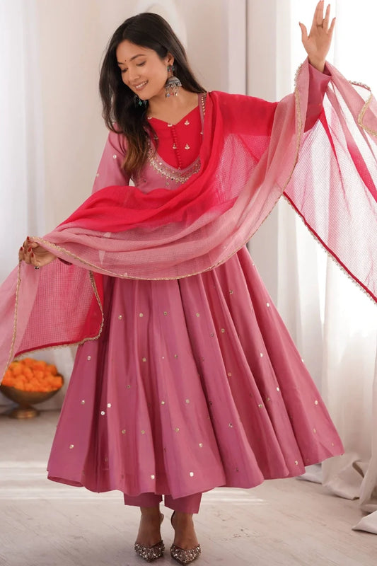 Pink Roman Silk Embroidered Anarkali Suit
