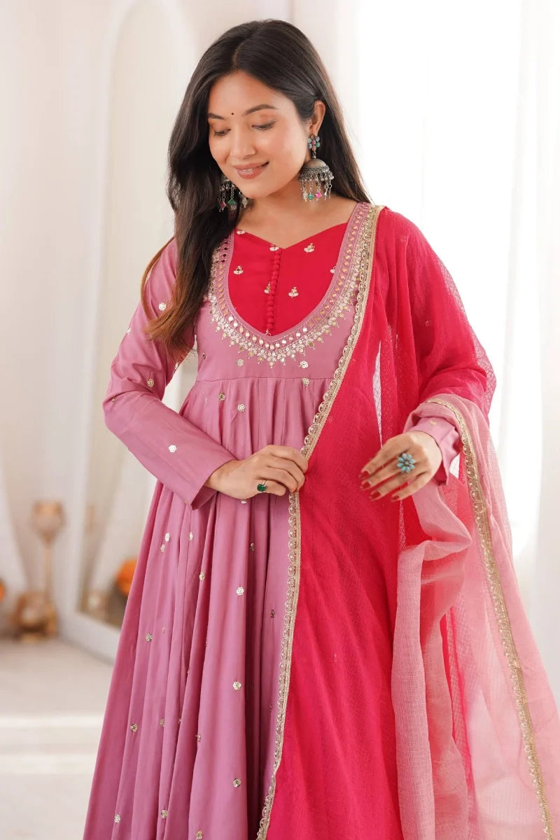 Pink Roman Silk Embroidered Anarkali Suit
