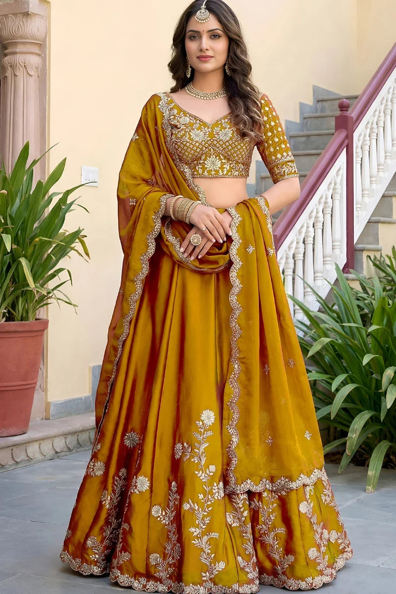 Mustard Rangoli Silk Embroidered Lehenga Choli