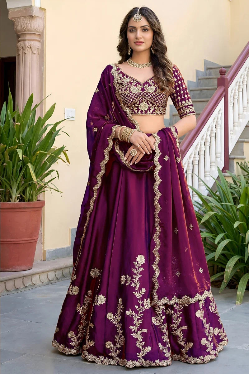 Wine Rangoli Silk Embroidered Lehenga Choli