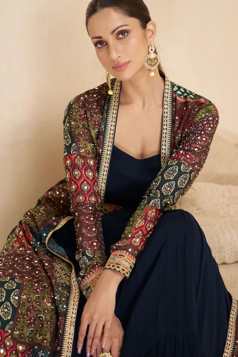 Navy Blue Georgette Anarkali Gown with Crepe Jacket