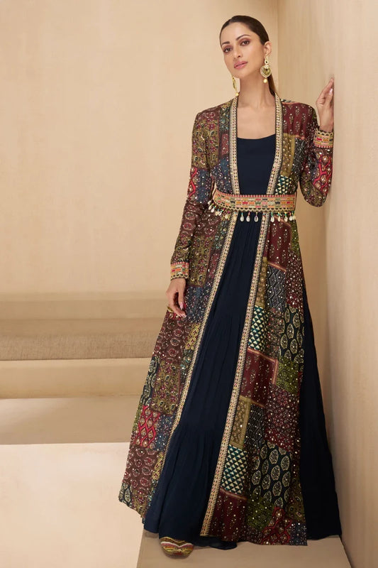 Navy Blue Georgette Gown with Crepe Jacket