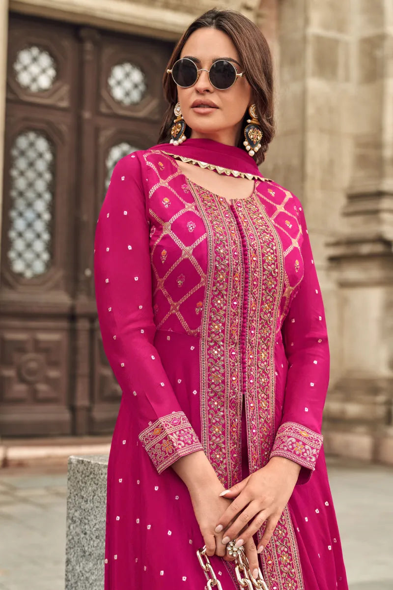 Pink Jacquard Silk Slit Style Palazzo Suit