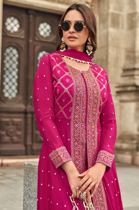 Pink Jacquard Silk Slit Style Palazzo Suit