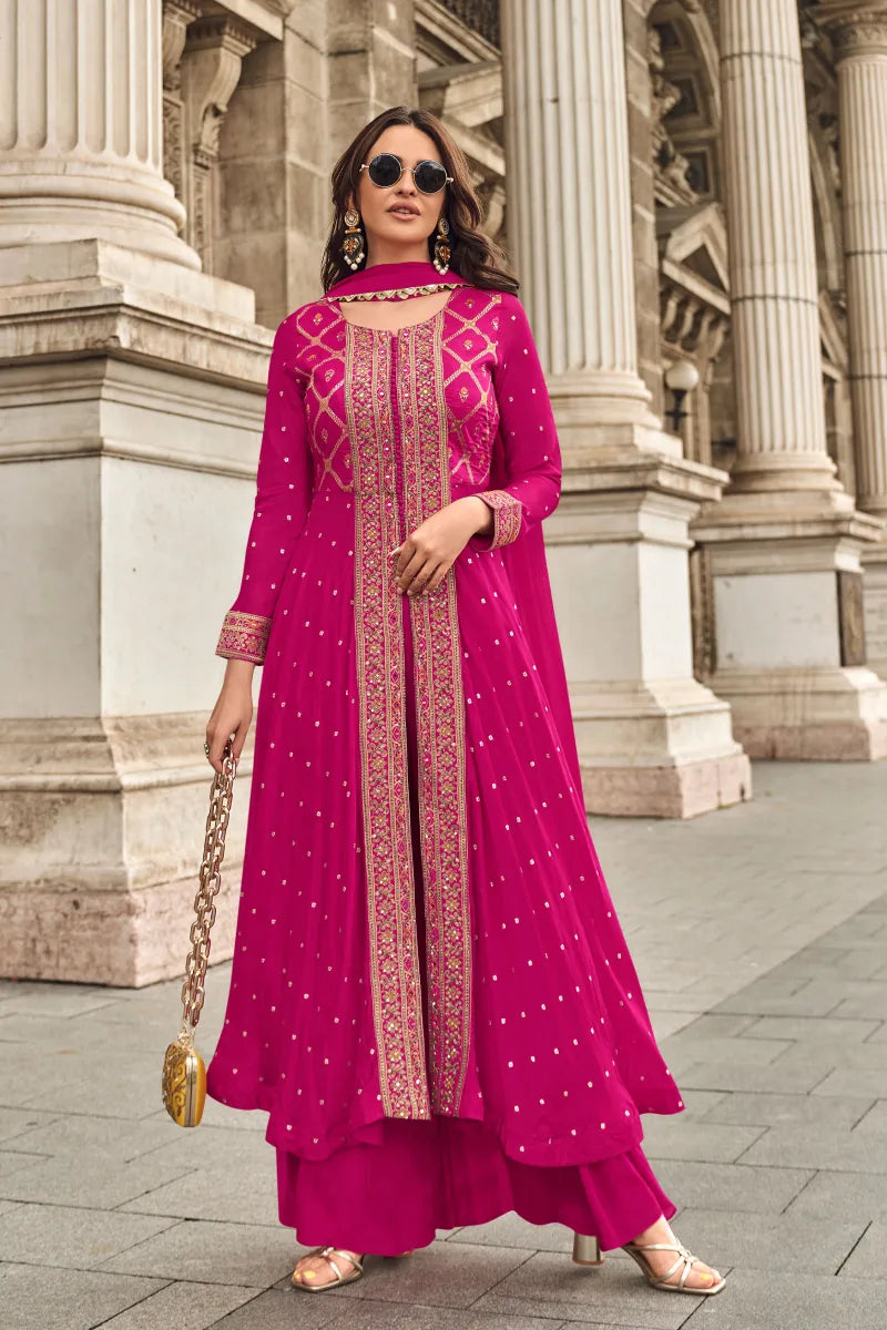 Pink Jacquard Silk Slit Style Palazzo Suit