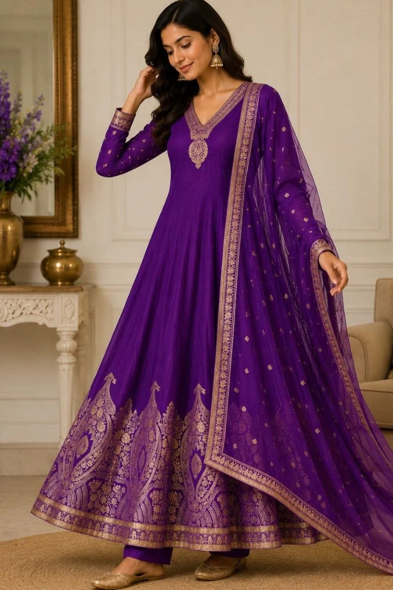 Purple Banarasi Silk Anrakali Suit