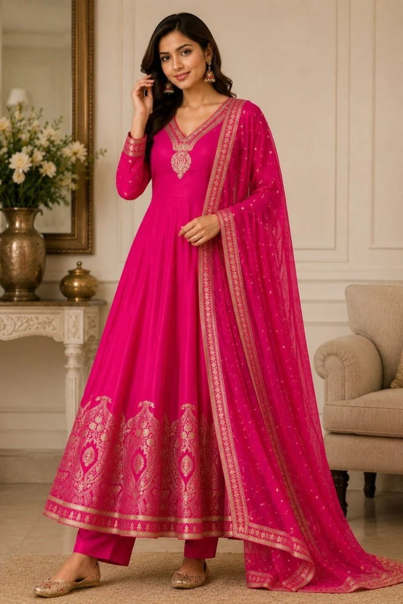 Pink Banarasi Silk Anrakali Suit
