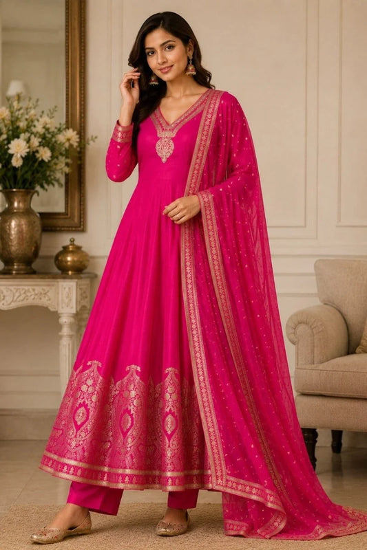 Pink Banarasi Silk Anrakali Suit