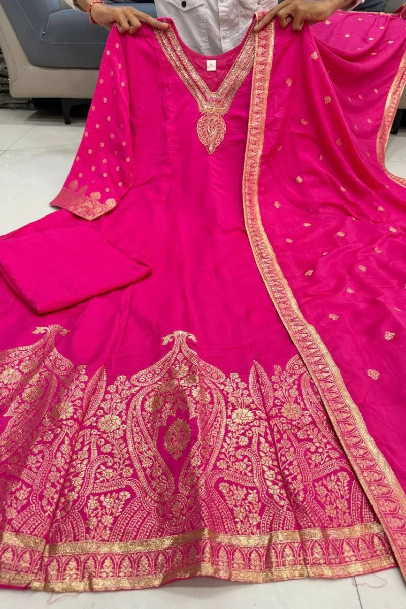 Pink Banarasi Silk Anrakali Suit