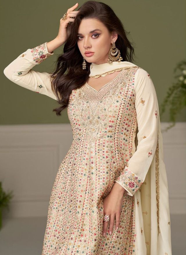 Cream Embroidery Real Georgette Salwar Suit