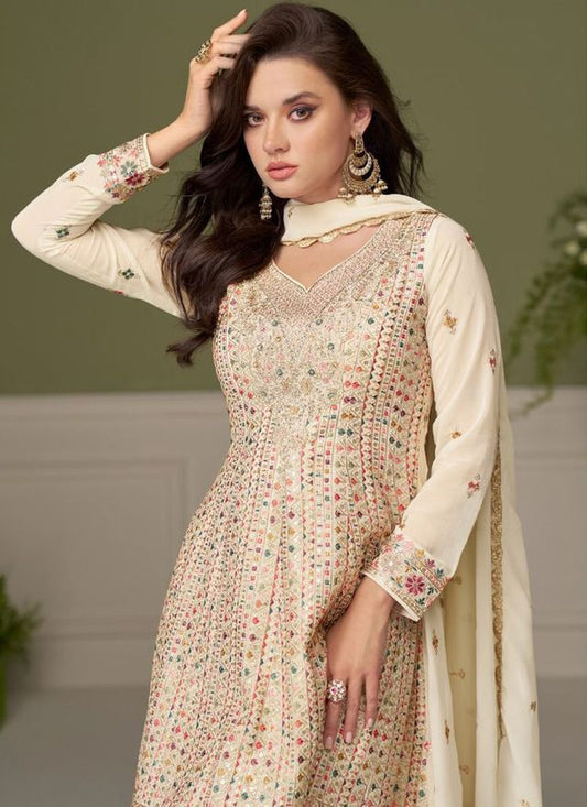 Cream Embroidery Real Georgette Salwar Suit