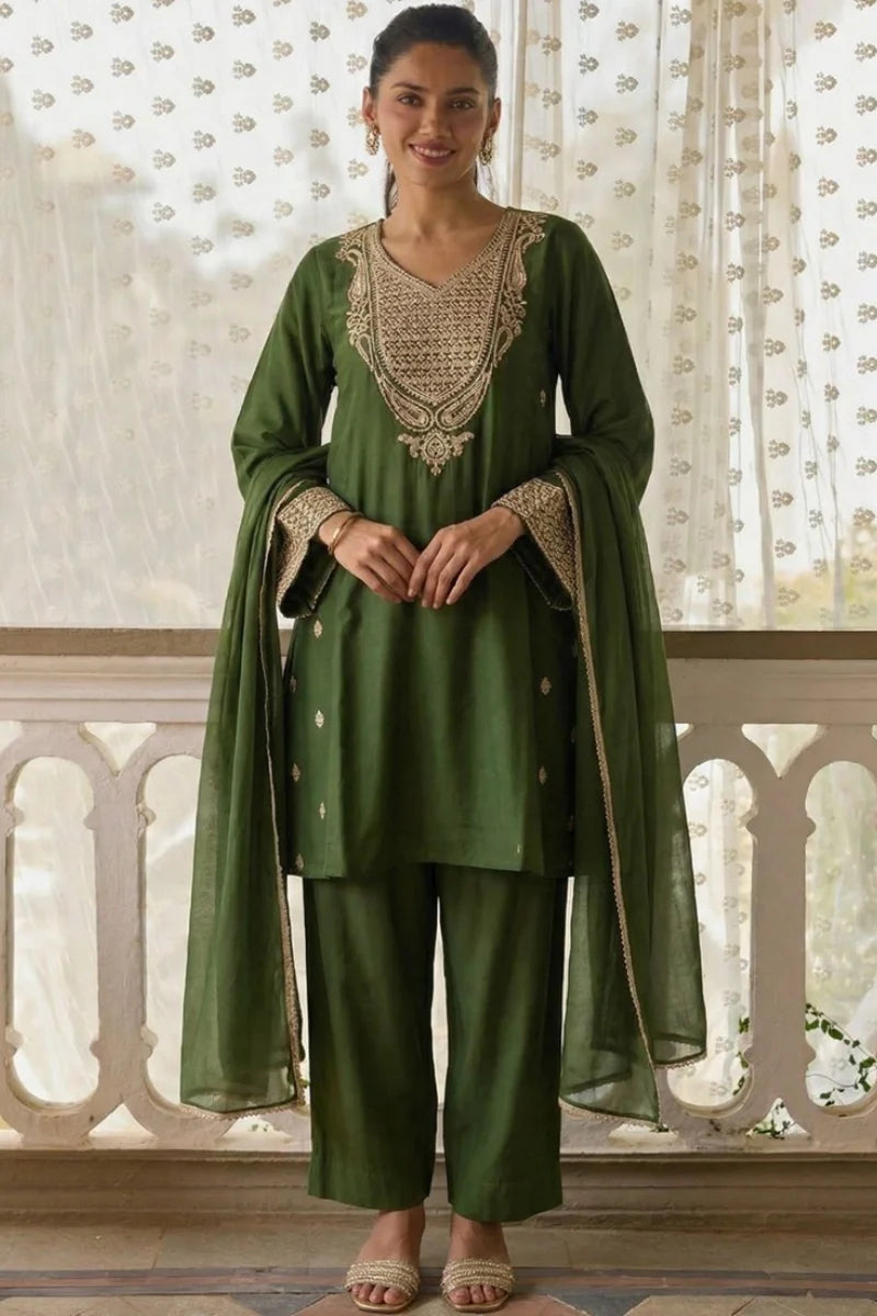 Green Cotton Silk Embroidered Salwar Suit