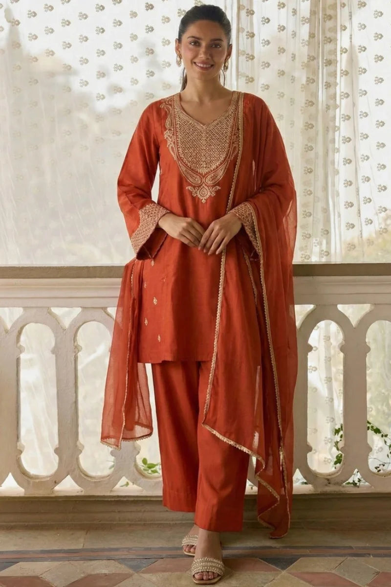 Orange Cotton Silk Embroidered Salwar Suit