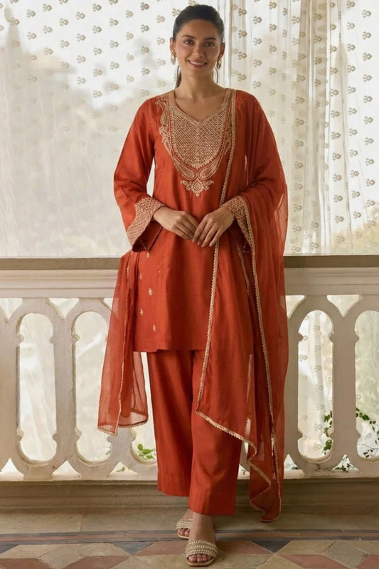Orange Cotton Silk Embroidered Salwar Suit