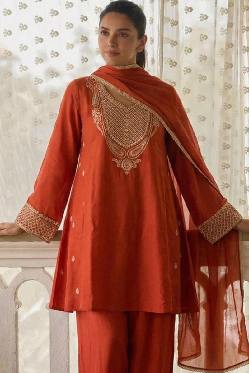 Orange Cotton Silk Embroidered Salwar Suit