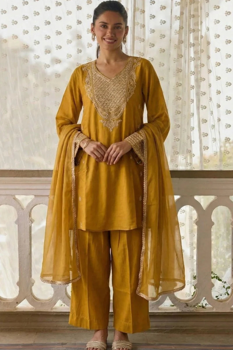 Yellow Cotton Silk Embroidered Salwar Suit
