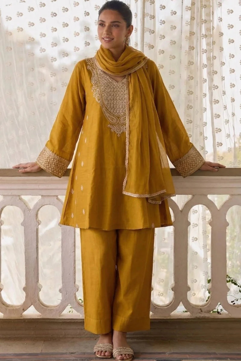 Yellow Cotton Silk Embroidered Salwar Suit