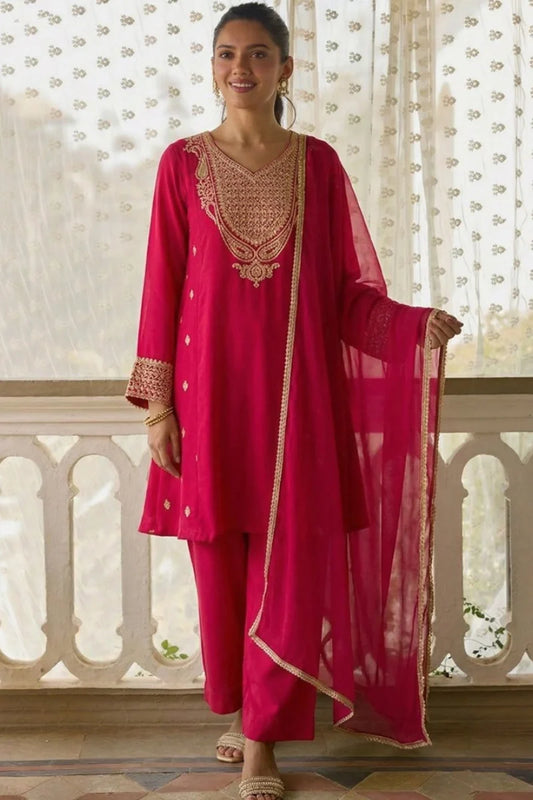 Pink Cotton Silk Embroidered Salwar Suit
