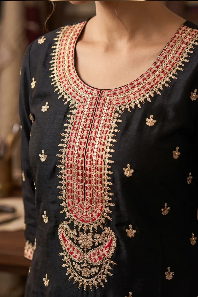 Black Premium Chinon Heavy Embroidered Palazzo Suit