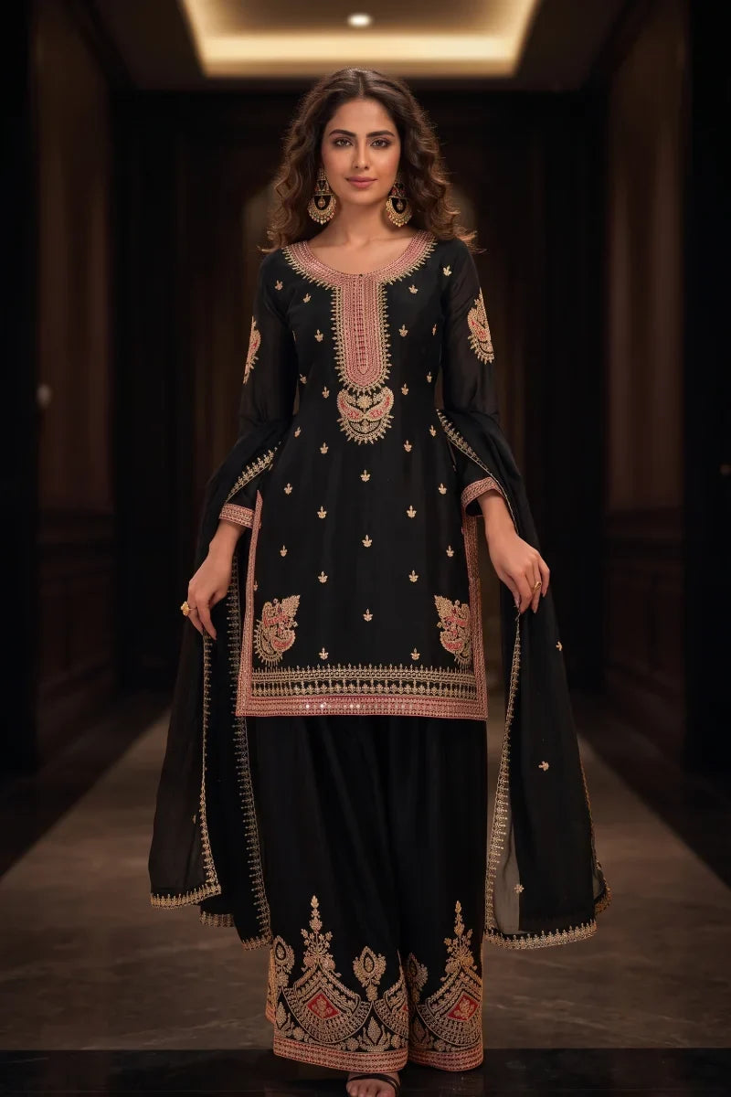Black Premium Chinon Heavy Embroidered Palazzo Suit