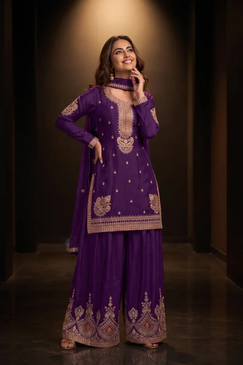 Purple Premium Chinon Heavy Embroidered Palazzo Suit