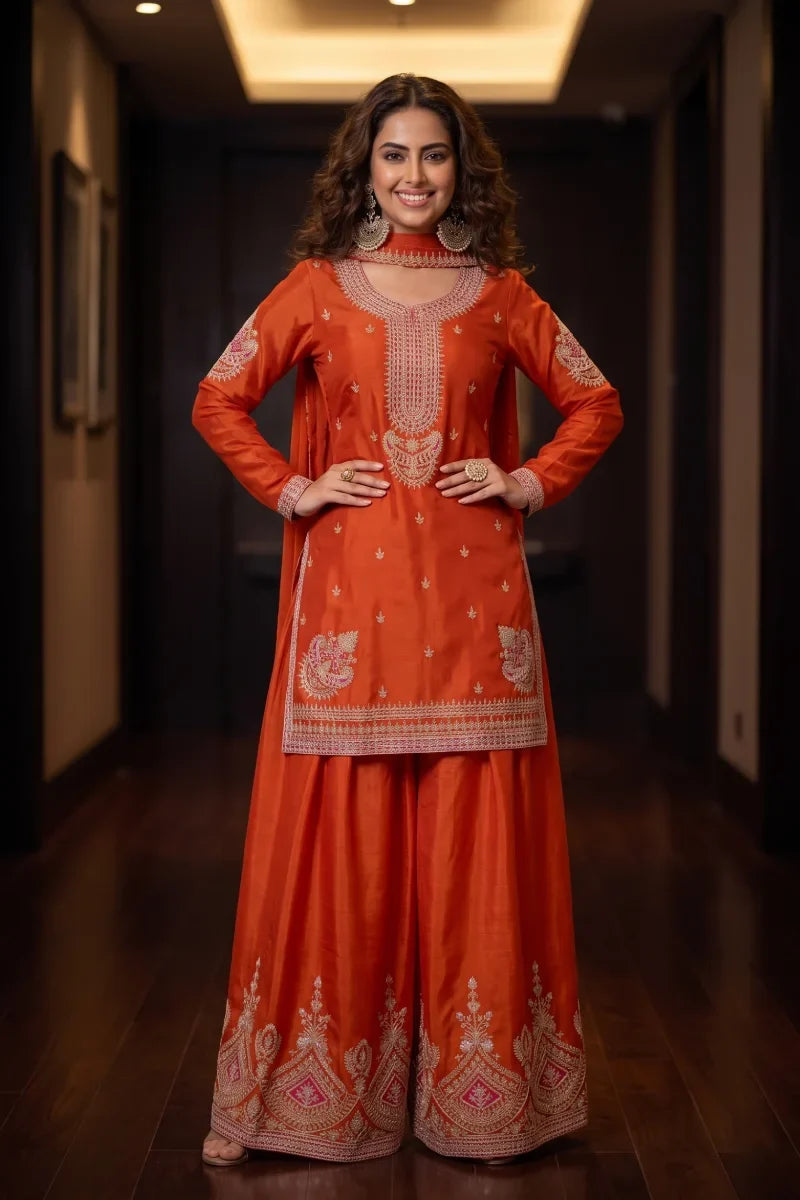 Orange Premium Chinon Heavy Embroidered Palazzo Suit