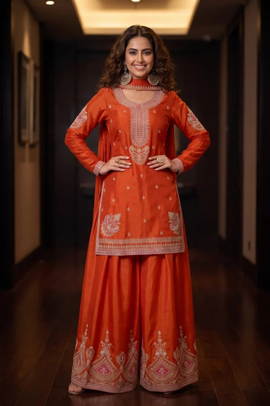 Orange Premium Chinon Heavy Embroidered Palazzo Suit