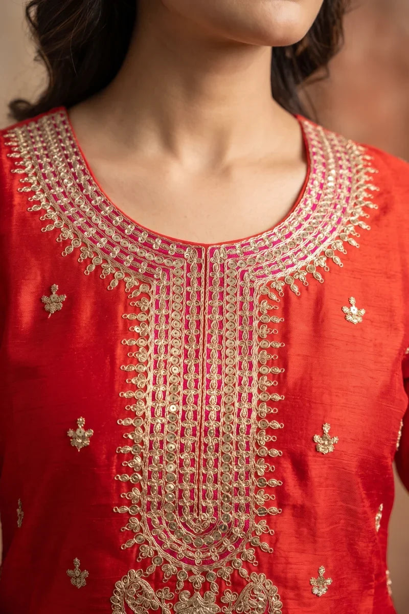 Orange Premium Chinon Heavy Embroidered Palazzo Suit