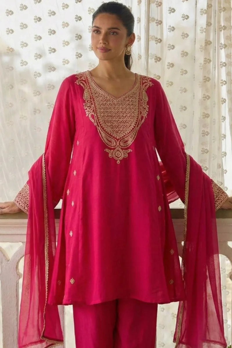 Pink Cotton Silk Embroidered Salwar Suit