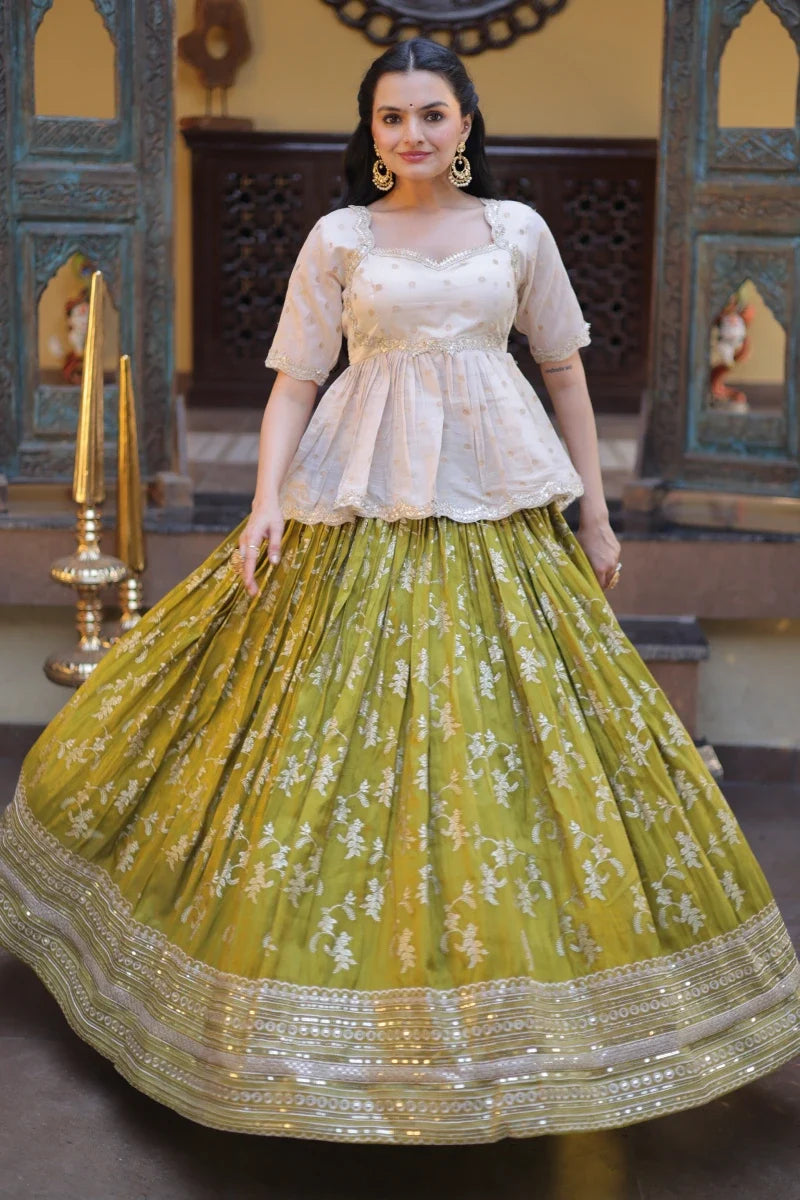 Olive Jacquard Lehenga With Peplum Top