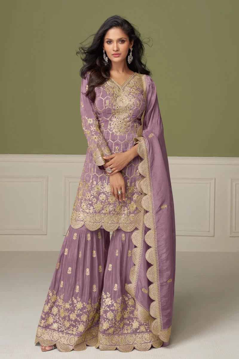 Lavendar Chinon Embroidered Palazzo Suit