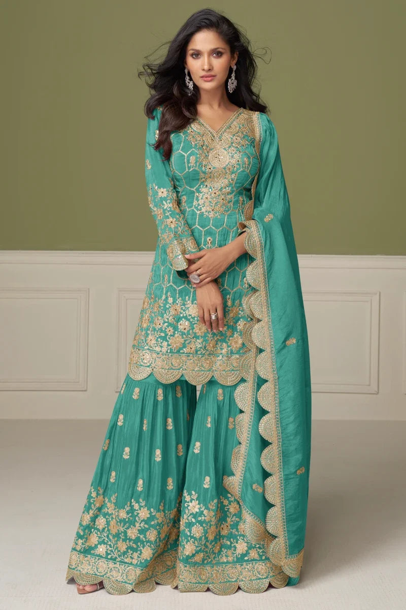 Sea Green Chinon Embroidered Palazzo Suit