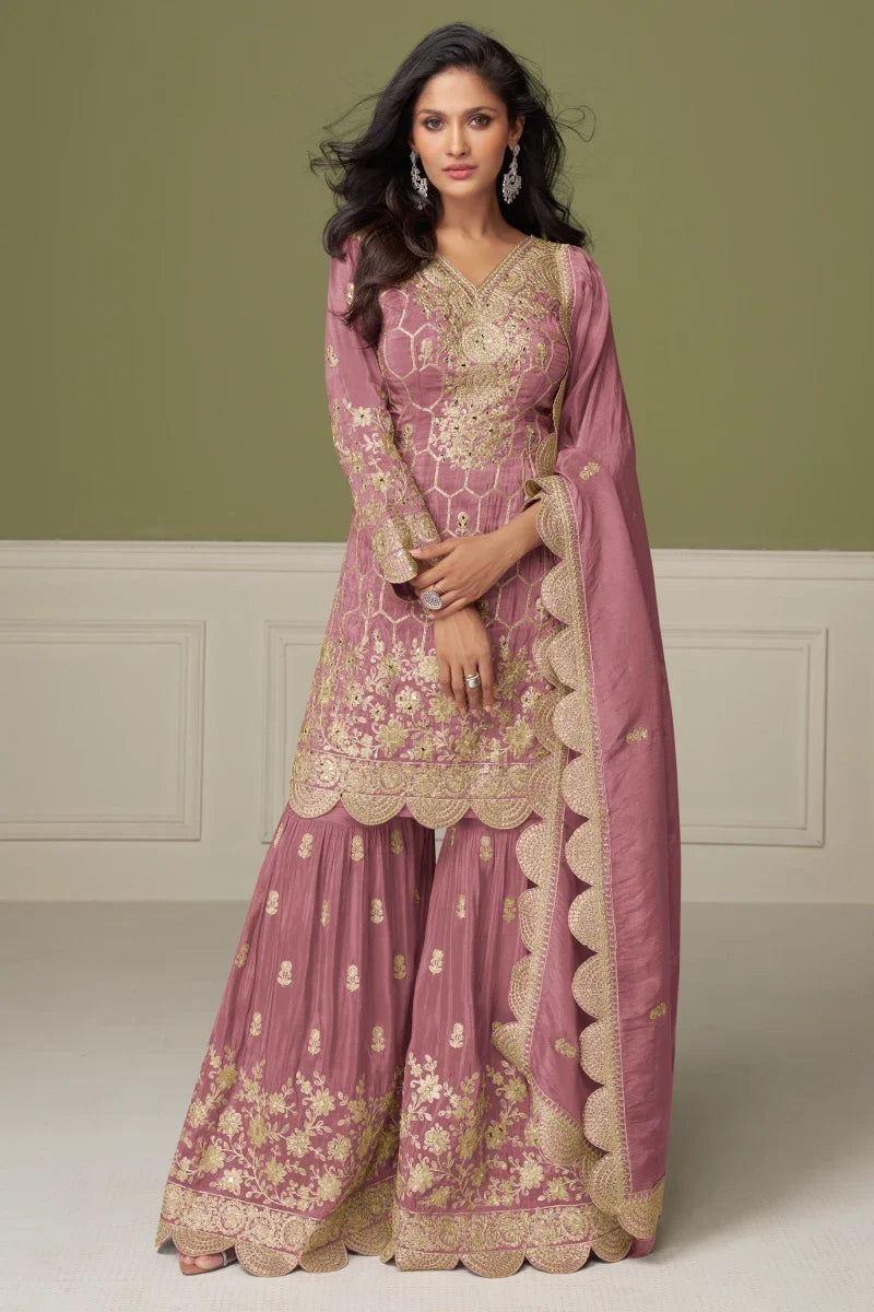 Pink Chinon Embroidered Palazzo Suit