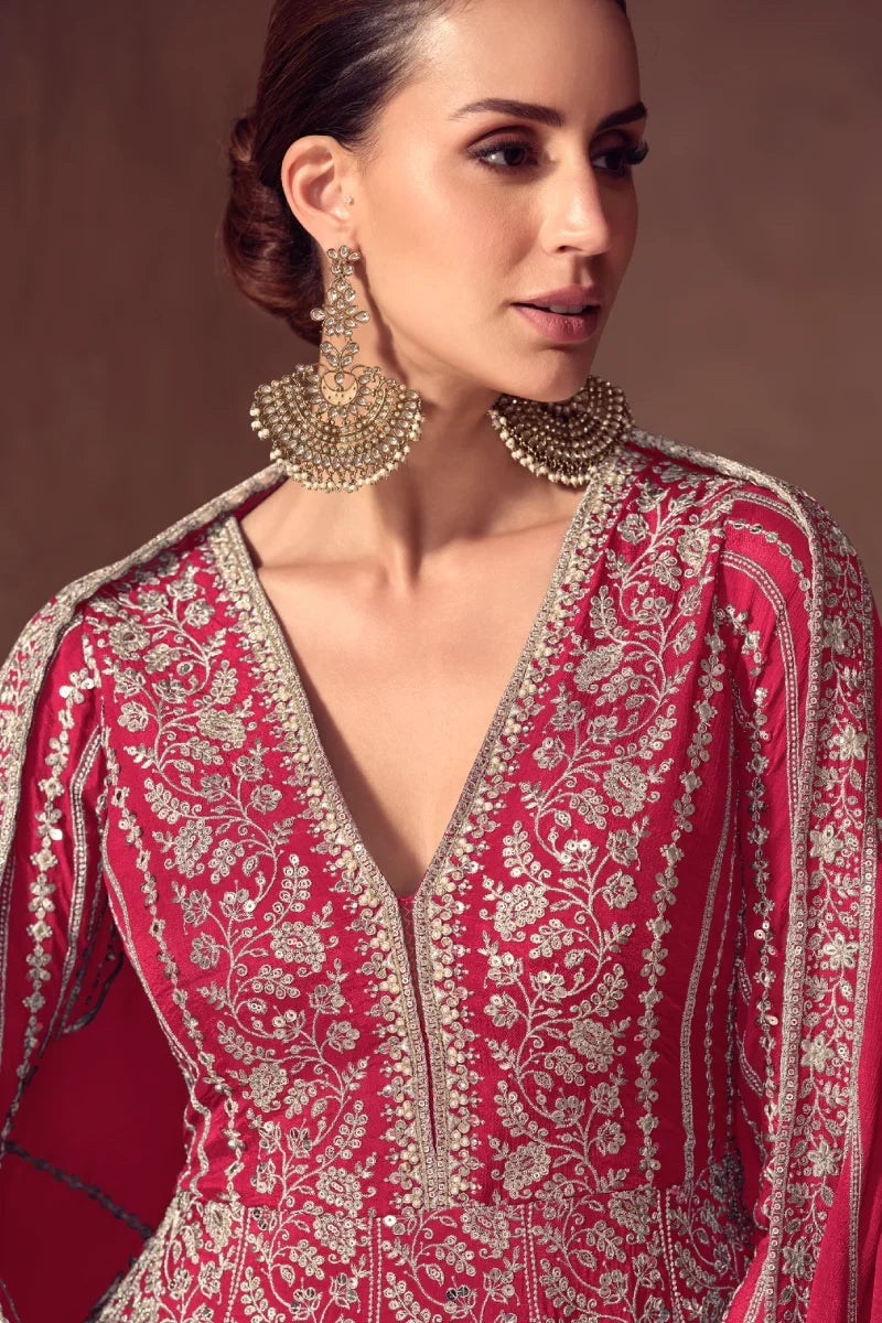 Rani Pink Full Embroidered Chinon Anarkali Gown