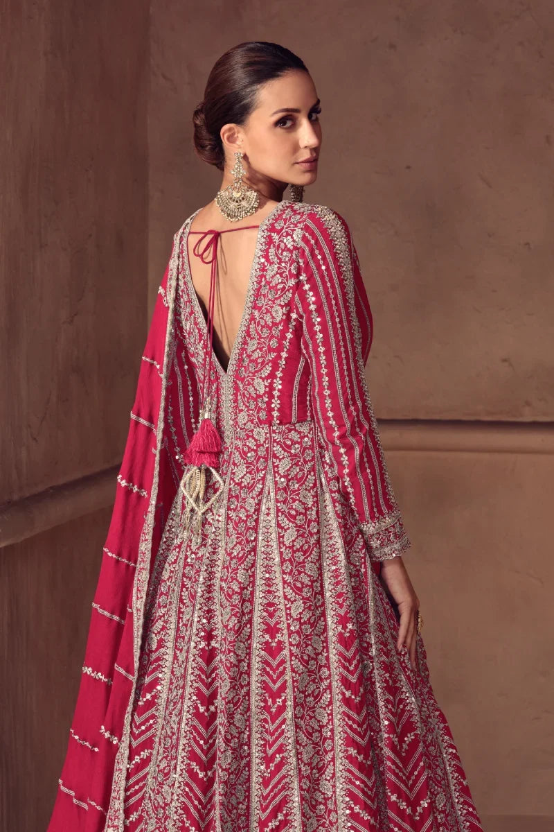 Rani Pink Full Embroidered Chinon Anarkali Gown