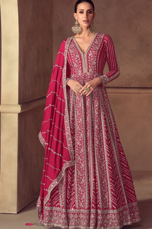 Rani Pink Full Embroidered Chinon Anarkali Gown