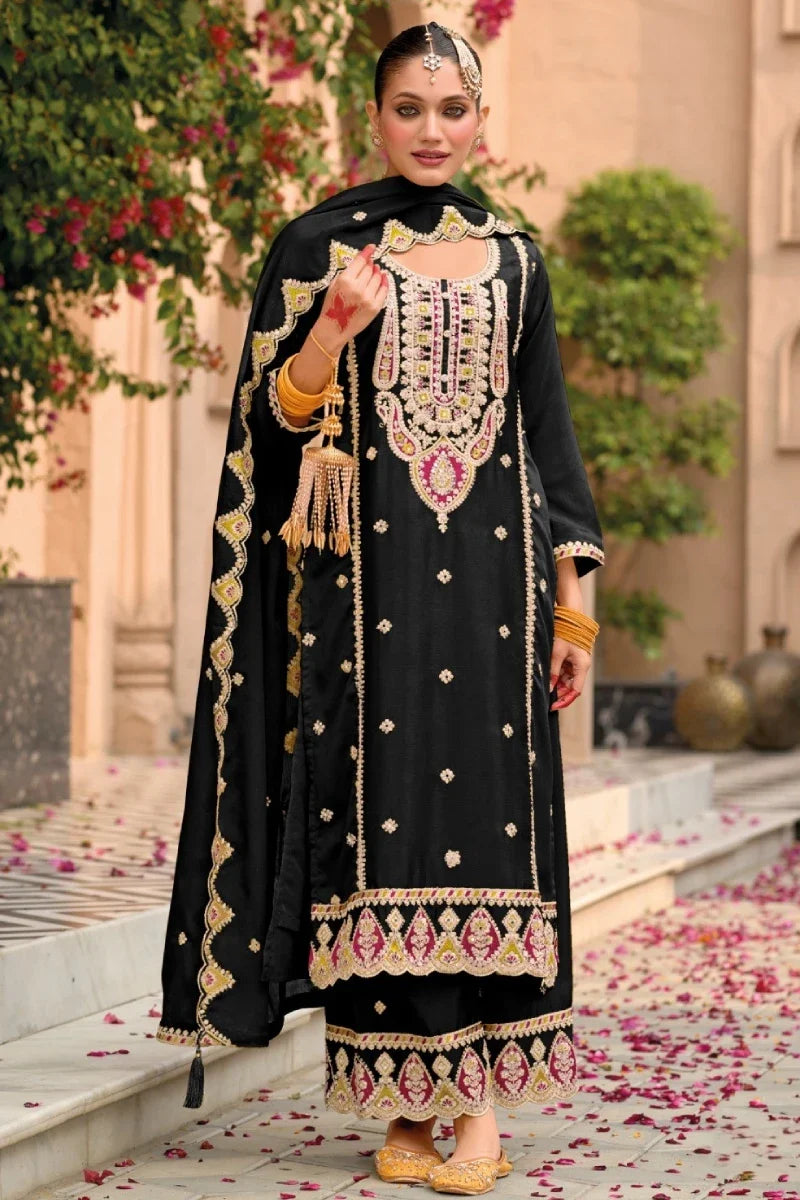 Black Chinon Embroidered Palaazo Suit