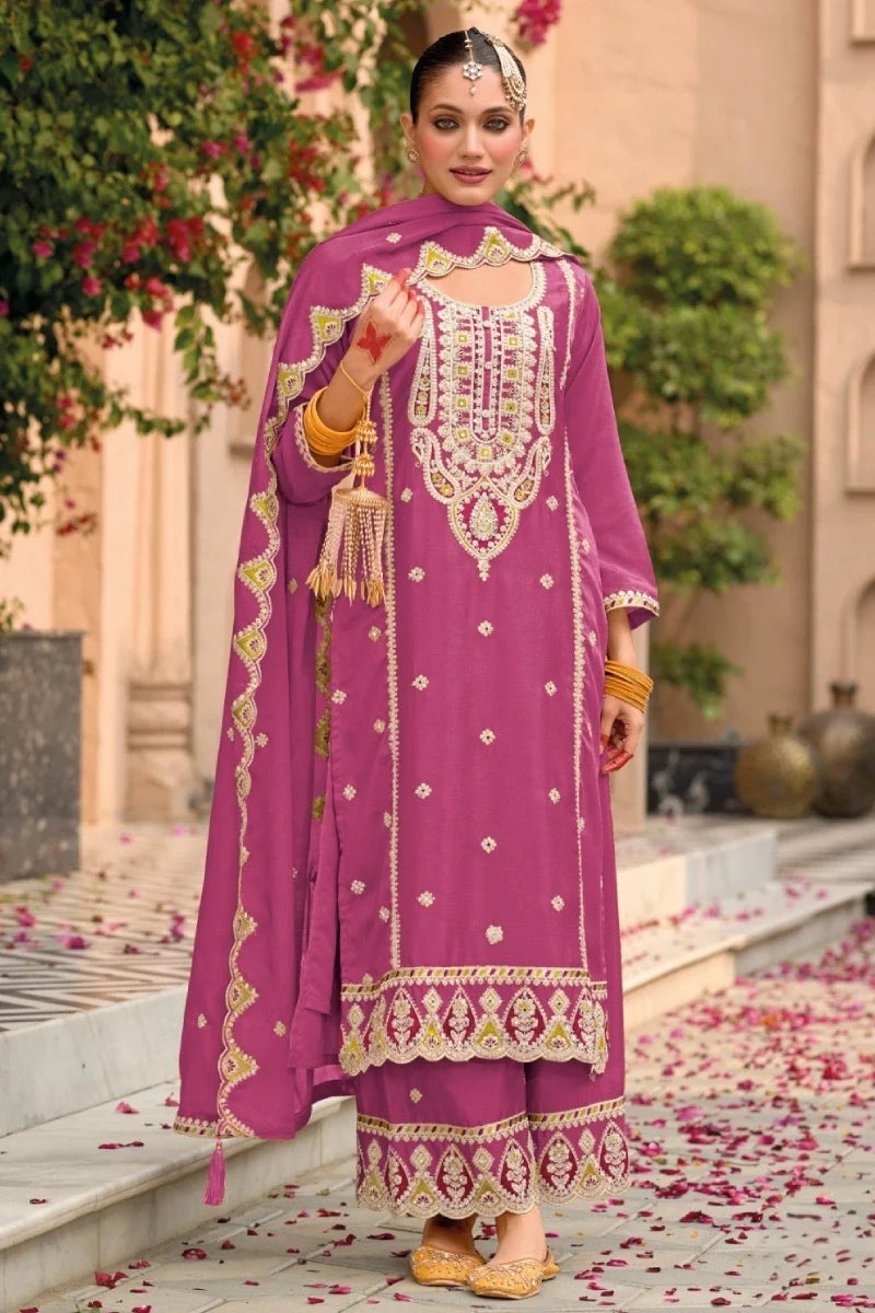 Pink Chinon Embroidered Palazzo Suit
