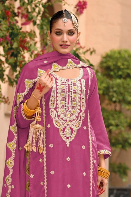 Pink Chinon Embroidered Palazzo Suit