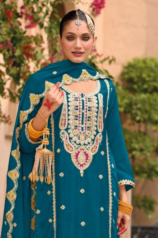 Teal Green Chinon Embroidered Palazzo Suit