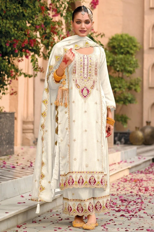 White Chinon Embroidered Palazzo Suit